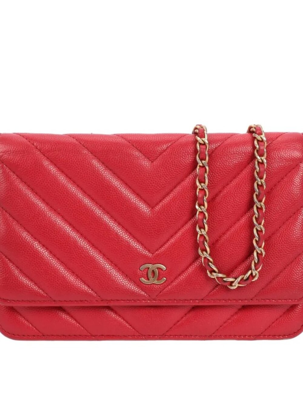 Chanel Red Caviar Chevron WOC – Greek Charms – Brushed Gold Hardware – COA